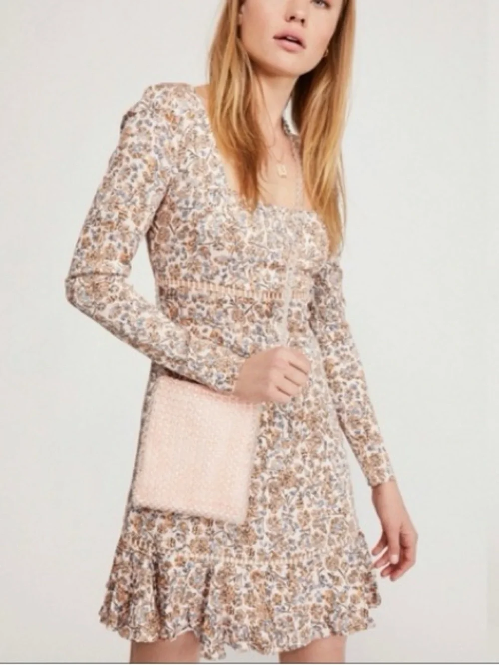 Free People Boheme Ivory Floral Long Sleeve Mini Dress Size 10 8888